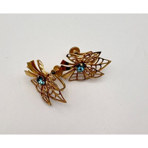 Prestige Blue Rhinestone Gold Tone Earrings Bow Screw Back Ornate Filagree Vtg - Picture 4 of 7